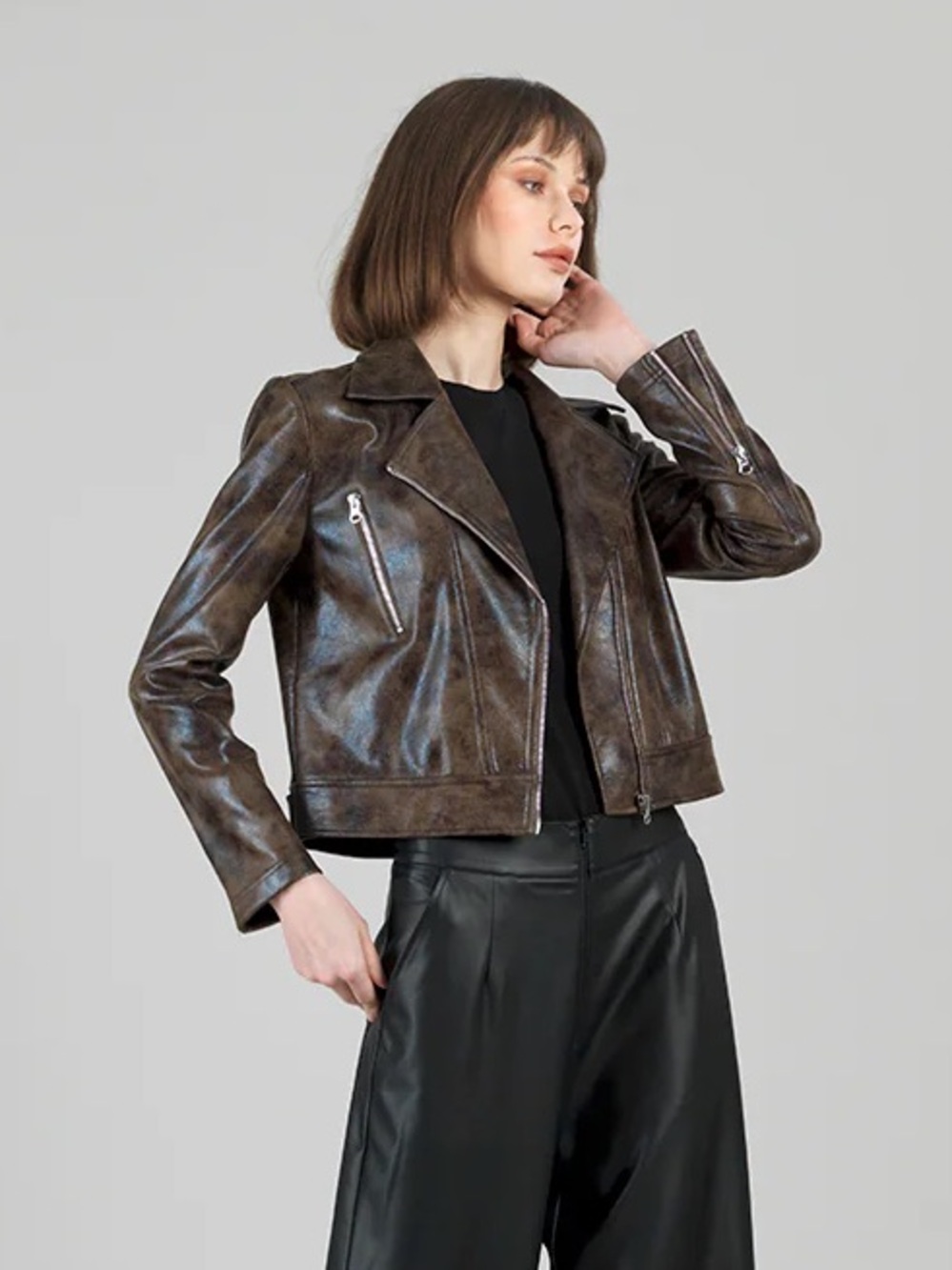 CLARA SUNWOO Distressed Vegan Leather Moto Jacket Brown M 10/12 NWT